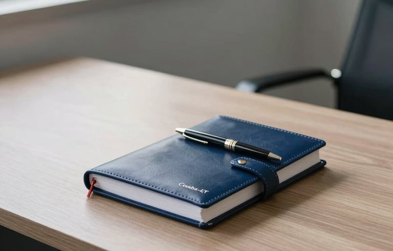 Photography of a clean, modern legal office in Cuiabá-MT, Brazil. The scene features a high-end wooden desk with a leather-bound journal and an elegant pen. Natural light streams in from a window. The palette consists of navy blue, white, and soft grey tones, creating a professional and trustworthy South American atmosphere.