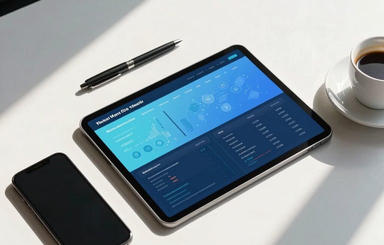 A top-down, clean shot of a modern office desk in a South American business district. A tablet displays a vibrant digital marketing dashboard with light blue and dark blue highlights. Beside the tablet are a smartphone, a sleek pen, and a cup of coffee, all captured in bright, natural morning light.