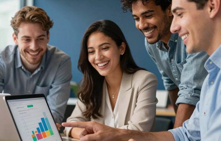 A close-up of a diverse group of Hispanic professionals laughing and collaborating in a bright, modern office with dark blue walls. One person points to a laptop screen showing a colorful social media engagement graph. The style is authentic and dynamic photography.