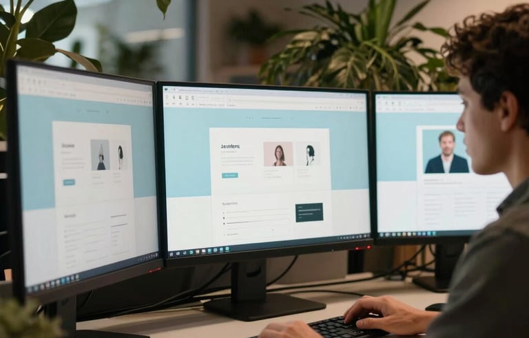 A South American software engineer working in a modern, plant-filled creative studio. Three large monitors show a sleek, minimalistic website layout with light blue and off-white UI components. The lighting is soft and cinematic, highlighting a professional and innovative atmosphere.