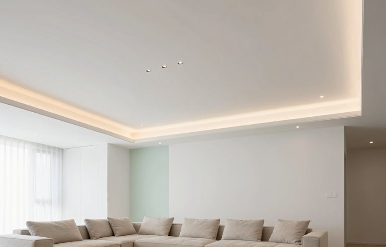 A bright, modern residential living room in Northern Portugal featuring a newly installed minimalist Pladur ceiling with integrated warm LED spot lighting. The room has clean white walls, off-white and pale mint accents, and a professional, polished finish. High-quality architectural photography.