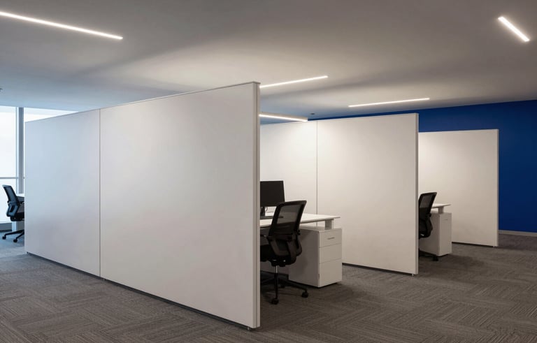 Interior of a modern commercial office in Northern Portugal. Smooth, white Pladur partition walls divide the space elegantly. Professional office lighting reflects off the clean surfaces. Neutral tones with deep blue accents. Architectural interior photography.