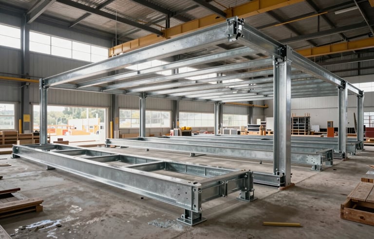 Wide shot of a large-scale construction project in Braga, Northern Portugal. Multiple Pladur metal structures are being installed in a large hall. The scene is professional, organized, and clean, showing industrial efficiency. Natural daylight from high windows.