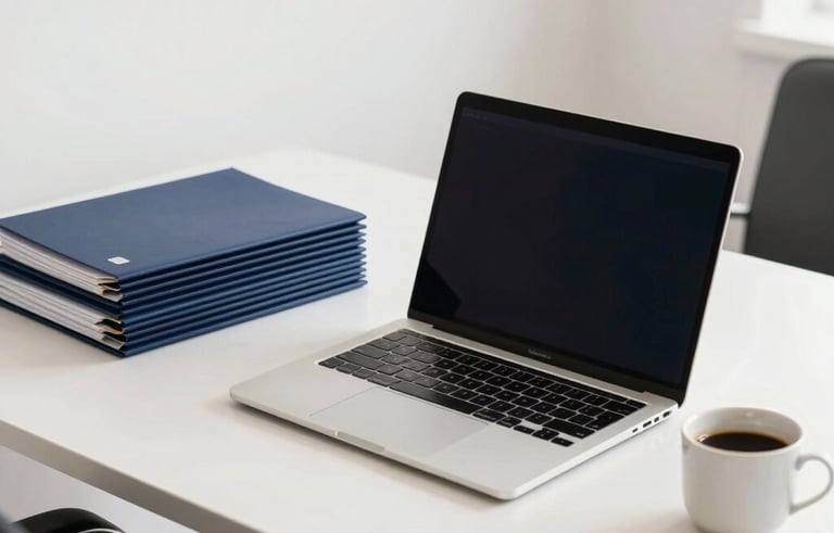 A minimalist, brightly lit South American Brazilian office desk. A high-end laptop sits next to a stack of neatly organized navy blue folders and a ceramic cup of coffee. The lighting is soft and natural, emphasizing a professional and calm atmosphere.