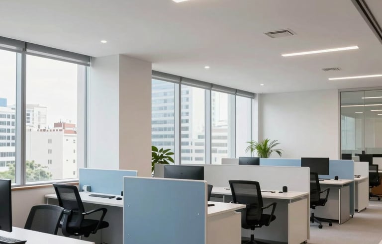 A wide shot of a clean, modern Brazilian corporate office suite during the day. Large windows show a hint of a metropolis outside. The interior features light blue and off-white furniture, embodying organizational excellence and specialized administrative flow.