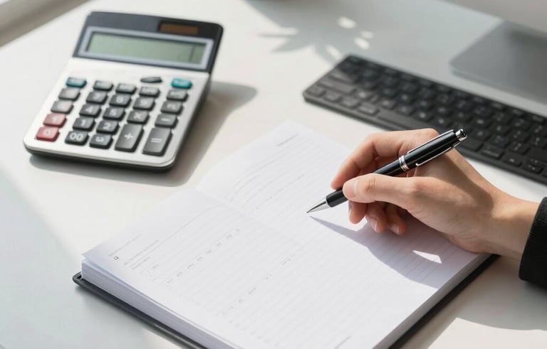 A top-down photographic shot of a clean, modern workspace in a North American / US office. A hand holding a high-end pen rests next to a sleek calculator and a neatly organized financial ledger. Soft morning light enters through a window, highlighting the texture of white paper and charcoal gray desk accessories.