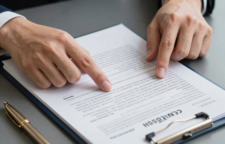 A close-up photograph of a professional's hands pointing at a tax document on a charcoal gray desk. A navy blue folder and a gold pen are visible in the composition. The lighting is bright and professional, characteristic of a high-end North American / US accounting firm.