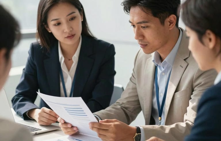 A crisp, professional photograph of a diverse team of two professionals in North American business casual attire reviewing a financial report in a modern, sunlit conference room. The focus is on the document and the collaborative, sophisticated atmosphere, featuring white and gold accents.