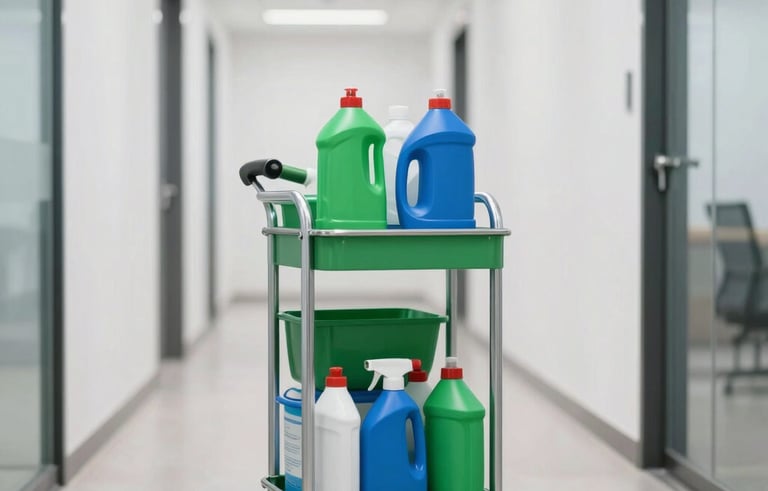 A professional photograph of a modern, well-organized janitorial service cart with green and blue cleaning supplies, positioned in a sleek corporate hallway with white walls. The lighting is bright and clean, typical of a high-end North American office building. The focus is sharp on the equipment, symbolizing efficiency.