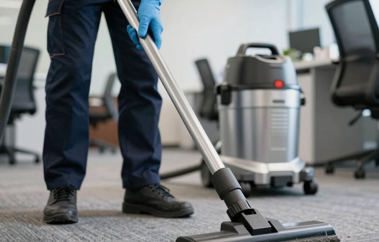 A close-up photograph of a professional cleaning technician wearing a branded uniform and blue protective gloves, using a high-end industrial carpet cleaner in a modern North American office setting. The composition shows the contrast between the uncleaned and freshly cleaned carpet fibers under bright, professional lighting.