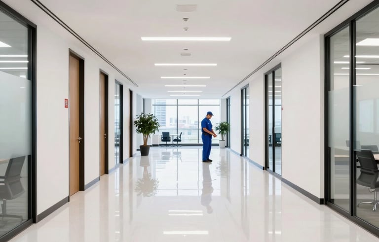 A wide-angle interior photograph of a modern, brightly lit office lobby in Long Island City. The white floors are polished and reflecting the ceiling lights. A janitorial professional in a professional blue uniform is visible in the distance, performing maintenance. The atmosphere is exceptionally clean, professional, and corporate, representing a North American business environment.