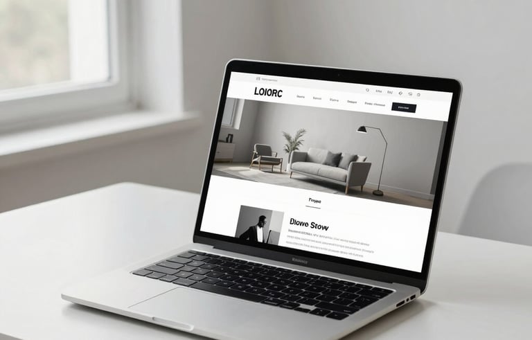 A clean, minimalist desk in a bright North American / US home office. A sleek high-end laptop on the desk displays a crisp, modern website design. Soft natural morning lighting comes from a nearby window. The atmosphere is professional and innovative, using a color palette of white, light gray, and deep black.