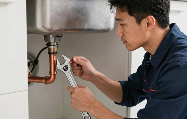 A professional North American plumber in a navy blue uniform using a wrench to repair a copper pipe under a kitchen sink. The setting is a modern, clean kitchen with bright lighting. High-quality photography style with a focus on precision and efficiency.
