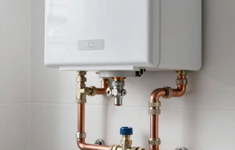 A modern tankless water heater professionally installed on a white wall in a North American utility room. The piping is clean and organized with copper and silver fittings. Industrial photography with clear, bright lighting.
