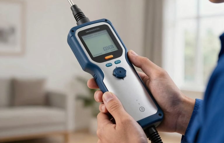 A close-up of a high-tech ultrasonic leak detection device being used by a professional technician in a North American home. The image highlights modern technology, featuring blue and silver tones in a clean, professional residential environment.