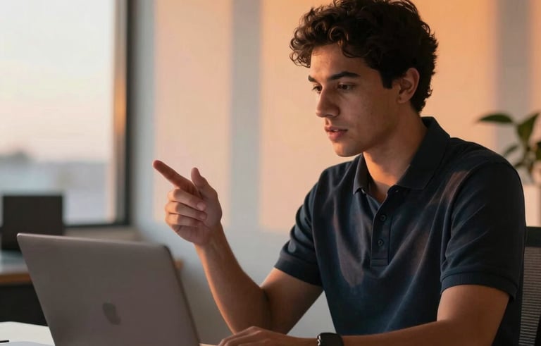 Fotografía profesional en Latinoamérica / EE.UU. de un hombre joven en su oficina moderna con luz natural, vistiendo un polo oscuro, explicando una estrategia de marketing frente a una laptop. La composición es cercana y educativa, con acentos de color naranja atardecer profundo en la decoración de fondo.