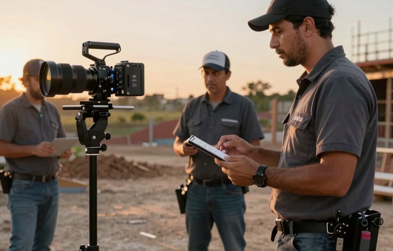 Fotografía en Latinoamérica / EE.UU. de un equipo de marketing grabando un Reel de alta calidad en un sitio de construcción real, mostrando a un contratista con su uniforme y herramientas bajo una luz de atardecer cinematográfica, estilo aspiracional y profesional.