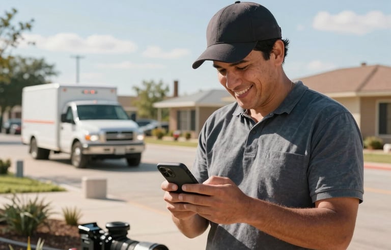 Fotografía dinámica en Latinoamérica / EE.UU. capturada en un ambiente de trabajo real: un contratista de landscaping sonriendo mientras revisa un post de Instagram en su smartphone, con su camión de trabajo y equipo de fondo bajo un cielo despejado del Sur de EE.UU.