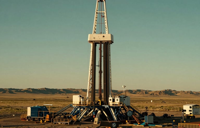 A wide-angle landscape photograph of a drilling rig in the North American Western US plains during the golden hour, deep green tones in the distance, rugged and sophisticated style.