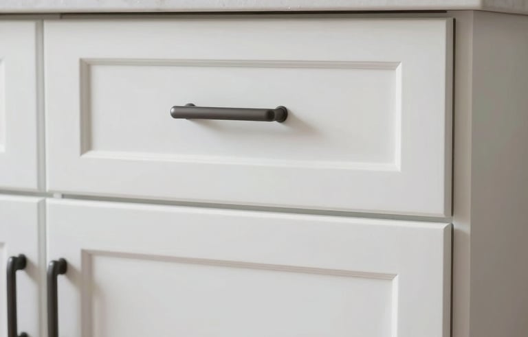 A close-up of newly refinished kitchen cabinets in a North American / Florida, US luxury home. The cabinets are a smooth satin white with modern dark gray hardware. Professional indoor lighting emphasizes the clean, flawless finish.