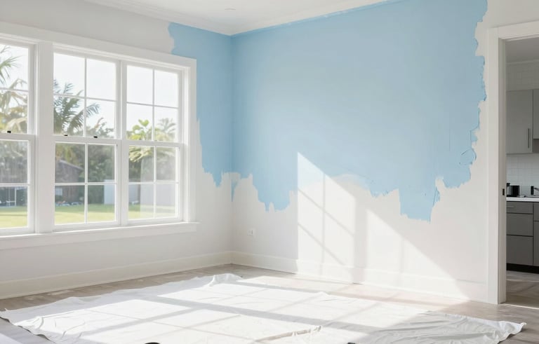 A bright, sun-drenched modern living room in a North American / Florida, US home being painted in a fresh white and light blue color palette. Professional setup with clean drop cloths and professional painting tools, but no people visible. High-end residential interior with large windows and clean lines.