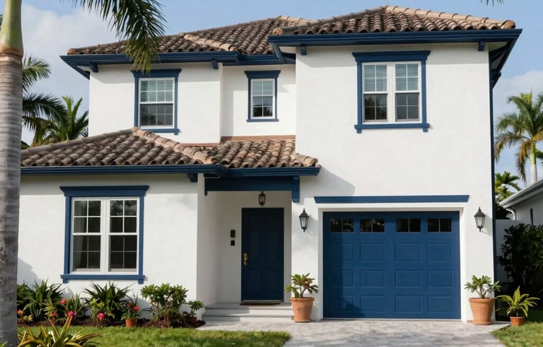 The exterior of a pristine Mediterranean-style house in Sarasota, North American / Florida, US. Freshly painted stucco walls in off-white with dark blue trim. Bright daylight, manicured landscaping, and palm trees in the background.