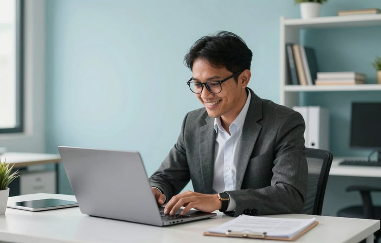 Wide-angle photograph of a Southeast Asian / Indonesian business professional looking at a laptop with a satisfied expression, modern workspace with light blue and teal elements, clean results-driven environment.