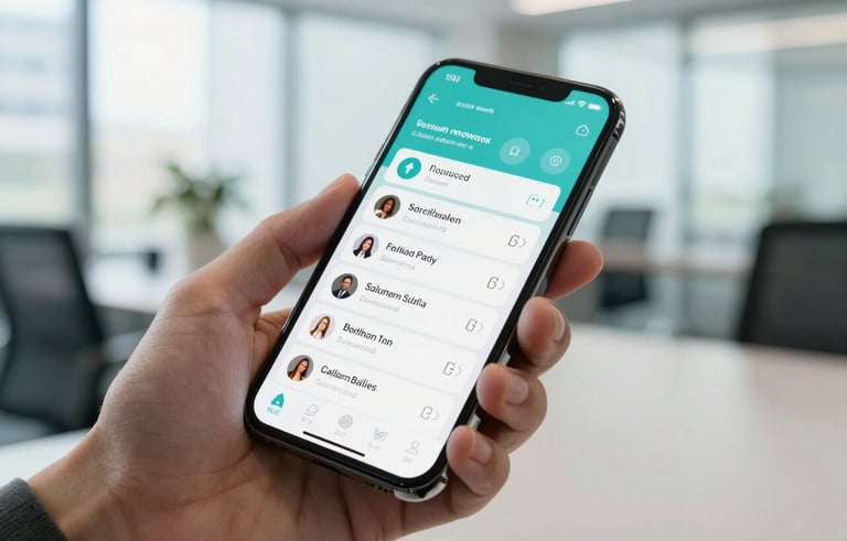Close-up photography of a modern smartphone held by a hand in a bright Jakarta office, displaying social media notifications and rising follower counts, soft natural lighting, professional mood, featuring teal and light blue accents.