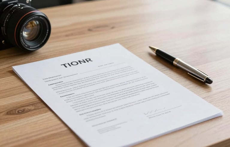 Clean wooden desk with a real estate contract and a designer pen, professional South American office interior, soft natural side lighting.