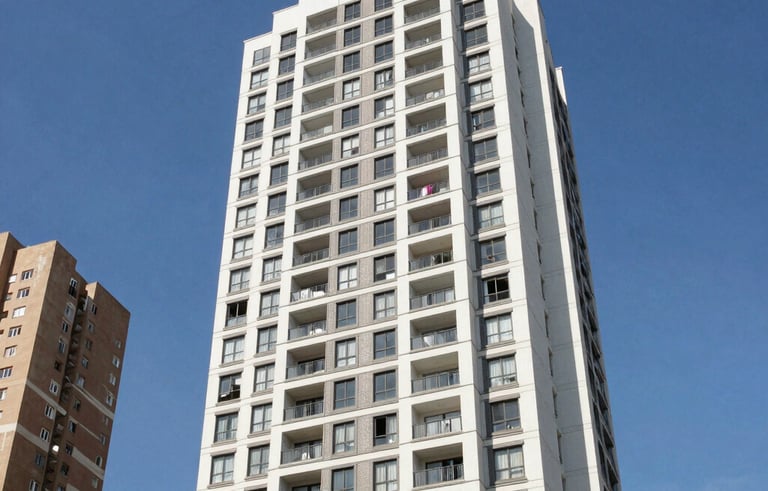 Professional photography of a modern high-end residential apartment building in a Brazilian metropolitan area, clear blue sky, bright daylight, architectural clean lines.