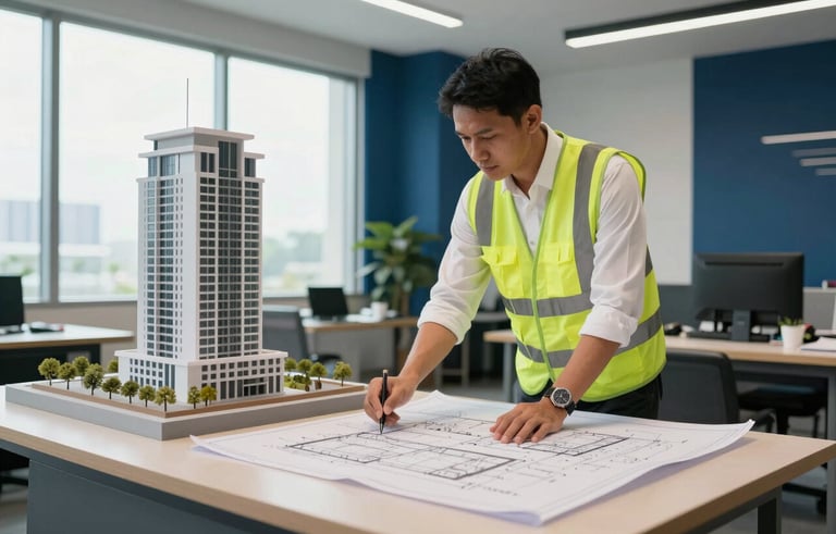A professional architectural studio in Indonesia. A Southeast Asian architect in a white shirt and safety vest is reviewing detailed blueprints on a large desk with a modern high-rise building scale model. The room has large windows with soft daylight and Navy Blue accents. Professional, precise technical atmosphere.