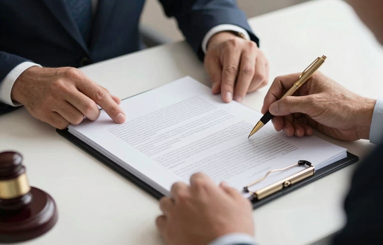 Close-up of a South American / Brazilian lawyer's hands reviewing legal folders and a gold pen on a white desk, conveying precision, professionalism, and care.