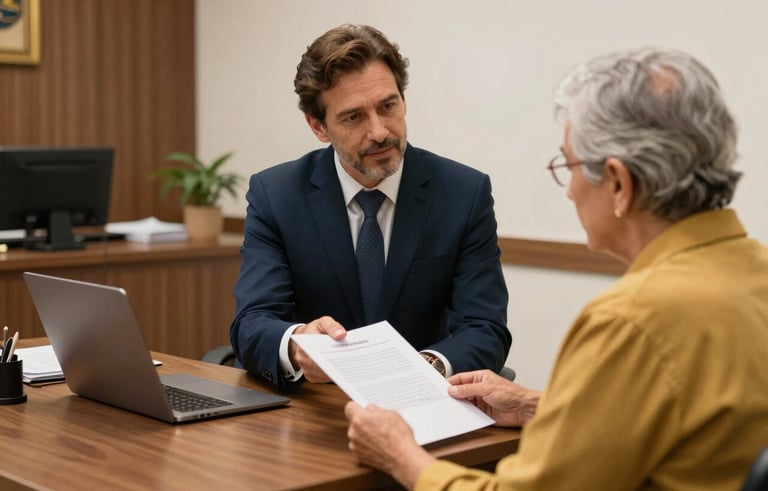 An empathetic scene in a Brazilian law office where a professional advisor explains a document to an elderly client, warm atmosphere with gold and navy blue accents.