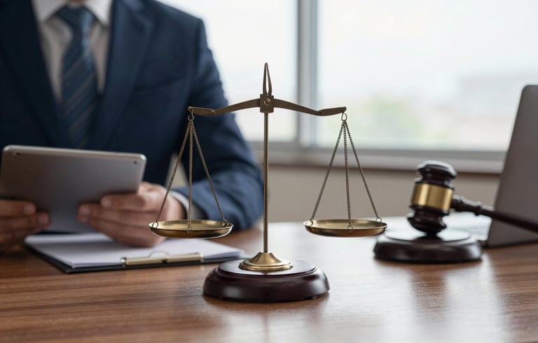 A professional South American / Brazilian legal environment with focus on a scale of justice on a polished wooden desk, soft natural lighting through a window, navy blue and white colors in the background.