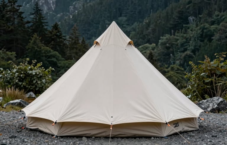 Minimalist outdoor photography of a canvas tent set up in a serene clearing in the Pacific Northwest mountains. The scene is calm and professional, focusing on the quality of equipment and the natural beauty of the stone and deep green surroundings.