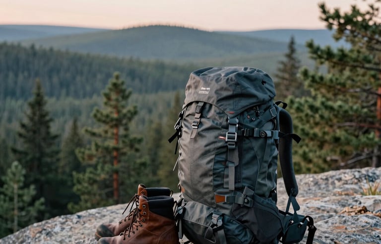 Cinematic photography of a professional quality hiking backpack and leather boots resting on a granite rock overlooking a vast North American pine forest at dawn. The lighting is soft and natural with tones of stone, forest green, and sand.