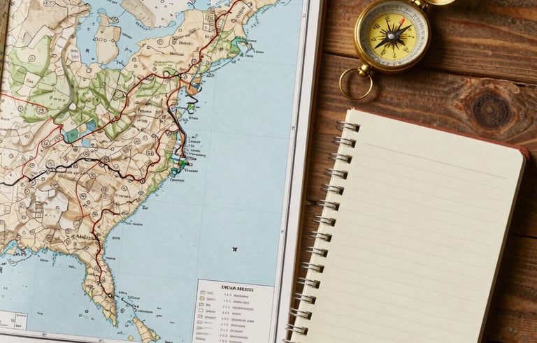 Clean, top-down professional photography of a wooden workspace featuring a topographical map of a North American trail, a vintage compass, and a field notebook. Earthy tones of sand and stone create a calm, focused atmosphere.