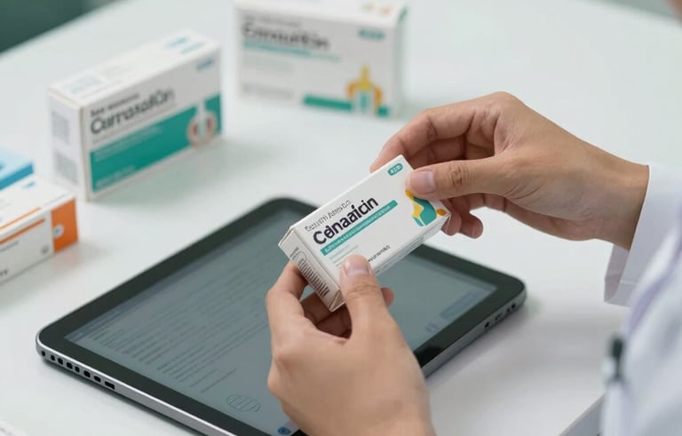 Detailed shot of South American pharmacist's hands organizing medication boxes and a digital tablet on a clean white desk. Natural soft lighting, sage green and pale blue professional accents, representing organized chronic care management in Brazil.