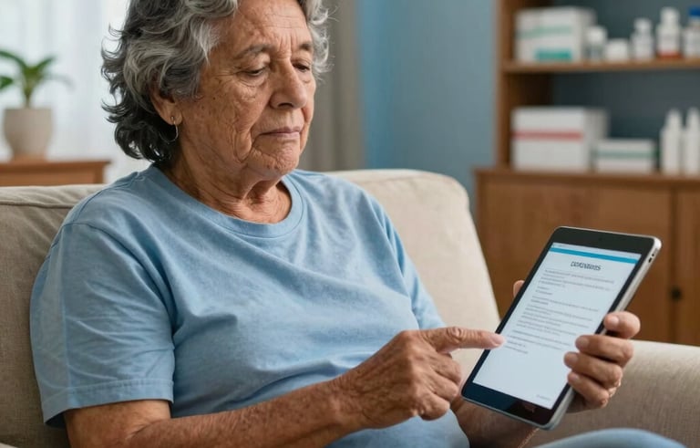 A South American elderly person in a cozy Brazilian living room, looking relieved and calm while interacting with a professional pharmacist on a tablet screen. The atmosphere is empathetic and safe, with warm light and sky blue details.