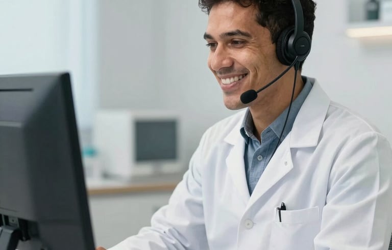A professional South American pharmacist wearing a white coat and headset, sitting in a bright and modern clinic office in Brazil, smiling warmly while looking at a computer monitor. The background is soft and clean with pale blue and white tones, suggesting a trustworthy tele-consultation environment.