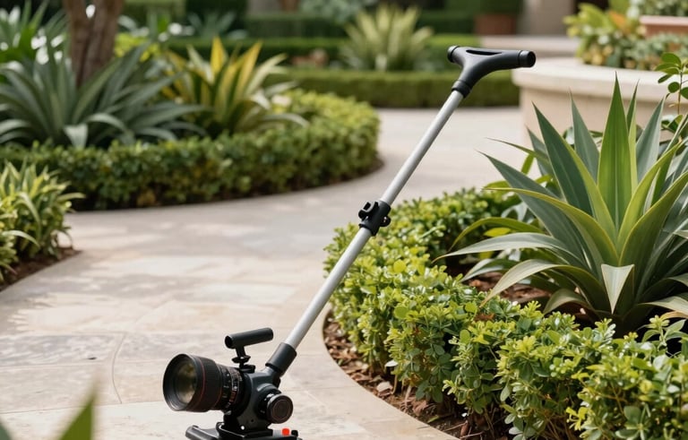 Photography of a manicured hotel garden and outdoor maintenance. Professional gardening equipment, lush native Latin American plants, stone paths, bright daylight, high-quality maintenance service, sophisticated outdoor setting.