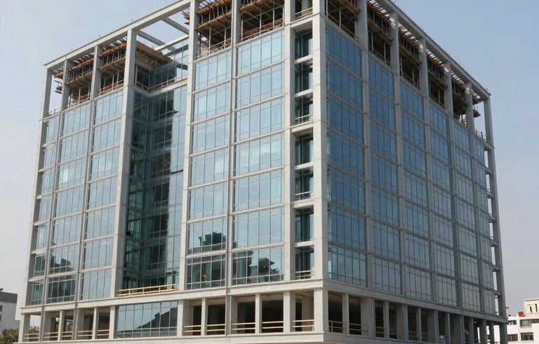 Architectural photography of a modern government building under construction in a Latin American city. Large scale infrastructure with steel beams and glass, professional construction site with workers in safety gear, bright daylight, sophisticated and reliable mood, colors including soft grey and blue grey.