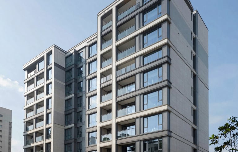 Clean, wide shot of a modern luxury residential complex with clean lines and large windows. Latin American urban environment, elegant design with steel blue and cloud blue accents, professional architectural lighting, bright and welcoming atmosphere.