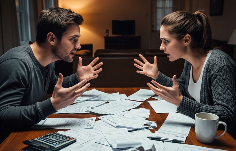 Casal em crise financeira discutindo dívidas e enfrentando como o desemprego pode levar à traição.