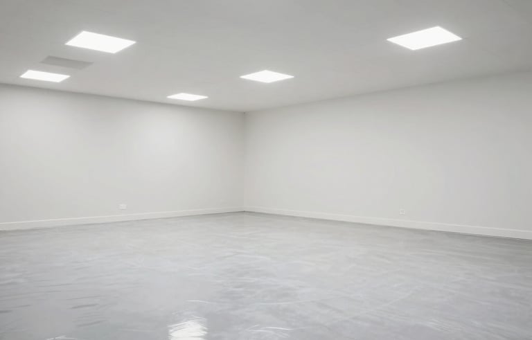 Detailed photography of a newly renovated commercial space in Normandy. The floor is being polished to a high gloss, reflecting the bright white ceiling lights. No debris is visible, conveying a sense of finality and extreme cleanliness.