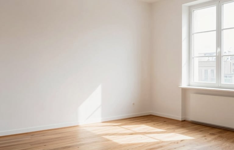 A minimalist and sunny French apartment with warm wooden floors and white walls. The space is completely empty and looks sanitized and ready for new tenants. Soft morning light enters through a clean window.