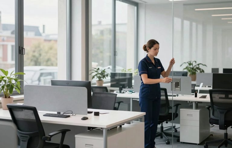 A bright, modern French office interior in Rouen, with large windows and clean white desks. A professional cleaner in a neat navy uniform is visible in the background, subtly polishing a glass partition. The atmosphere is calm, professional, and immaculate.