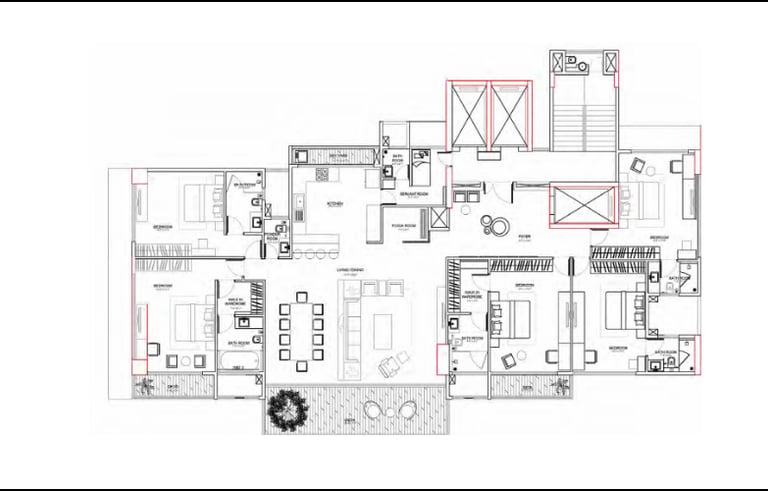 Detailed 2D architectural floor plan of a luxury 4-bedroom apartment with a spacious living room and balcony.