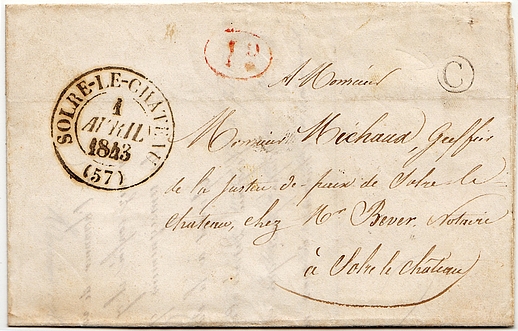 Letter posted in the village of AIBES (letter-stamp C) to SOLRE LE CHATEAU.