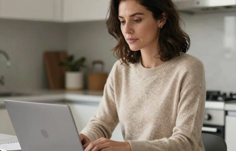 High-resolution photography of a professional woman in a North American setting, sitting at a kitchen island with a laptop and a notebook. She is wearing a soft beige sweater, looking calm and focused. The background is a clean kitchen.